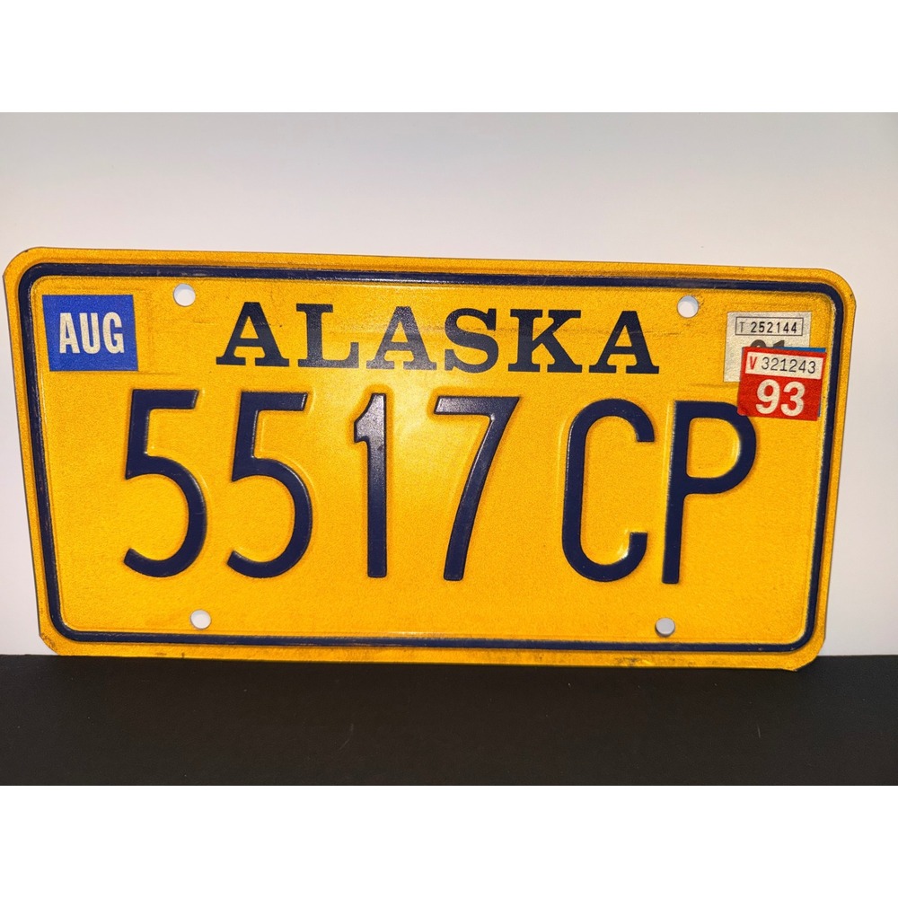 Vintage 1993 Alaska License Plate 5517 CP Yellow Blue Embossed Collectible